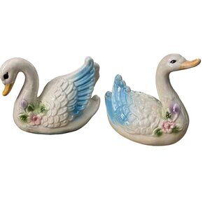 Vintage Porcelain Swans Large‎ Bue White Pearlized Figurines Mid Century Modern